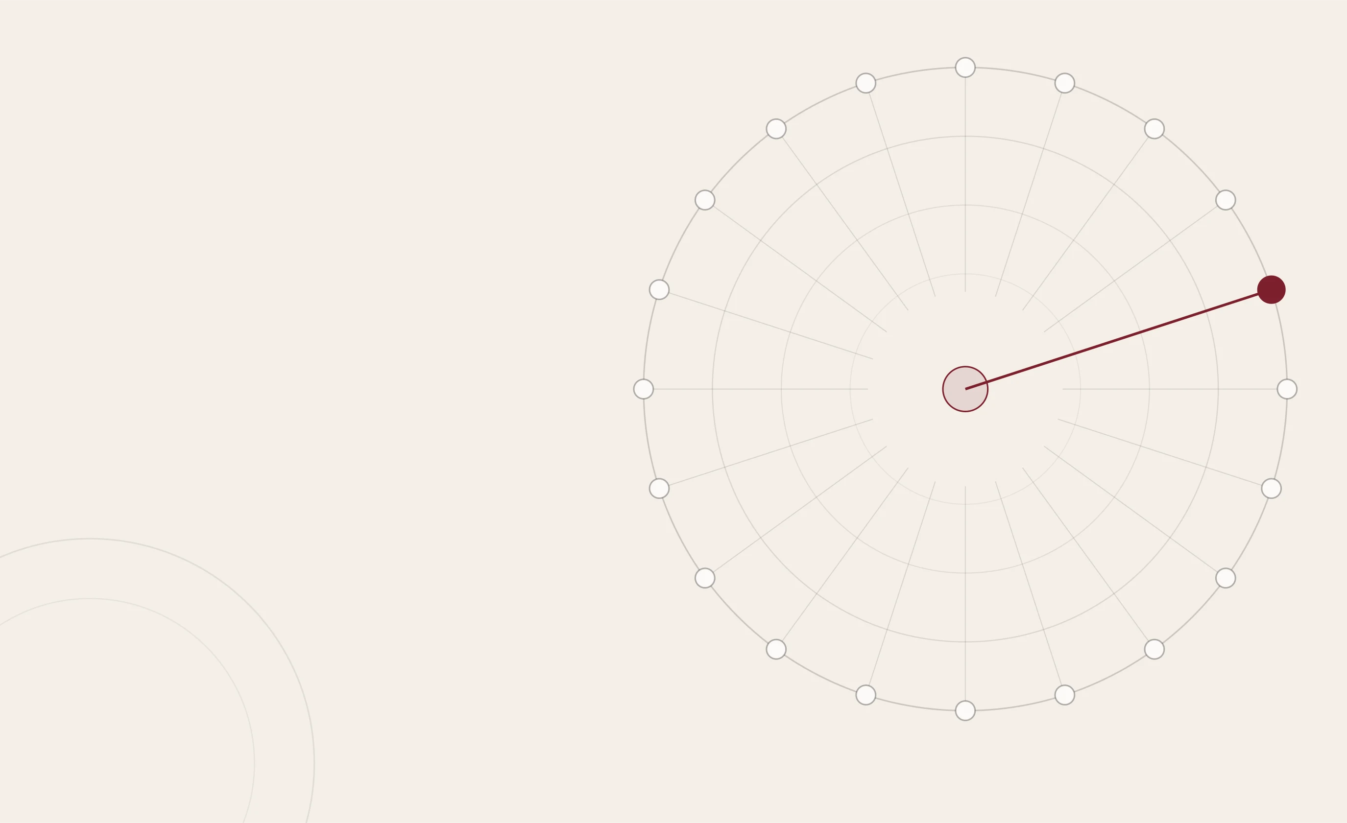 A ring of twenty small circles with spokes to its centre, one circle filled and joined by a heavier line