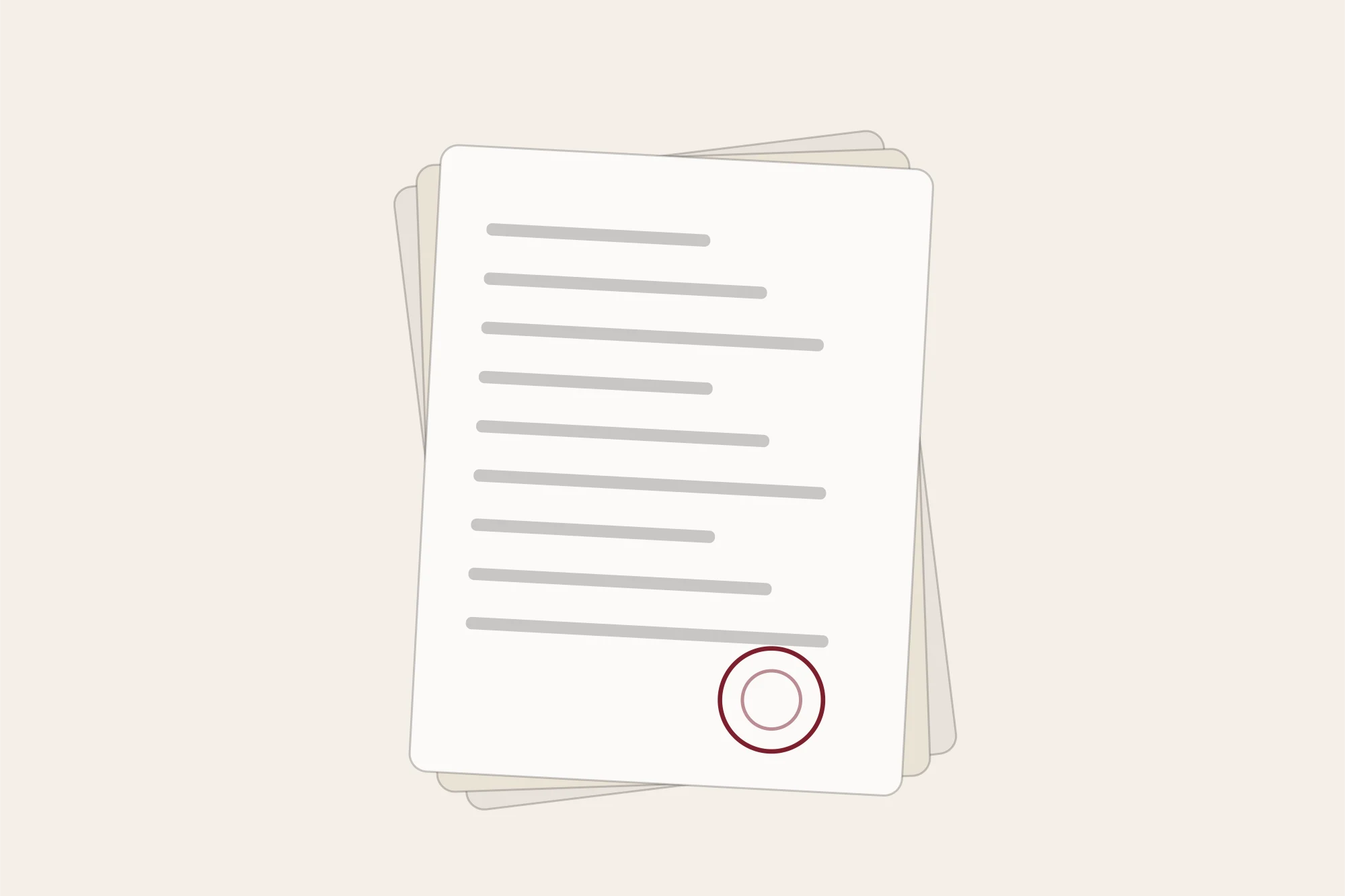 A stack of document outlines with a seal mark on the topmost